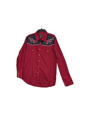 High Noon Western Shirt With Rose Embroidery Pearl Snaps Red & Black Yoke Long S